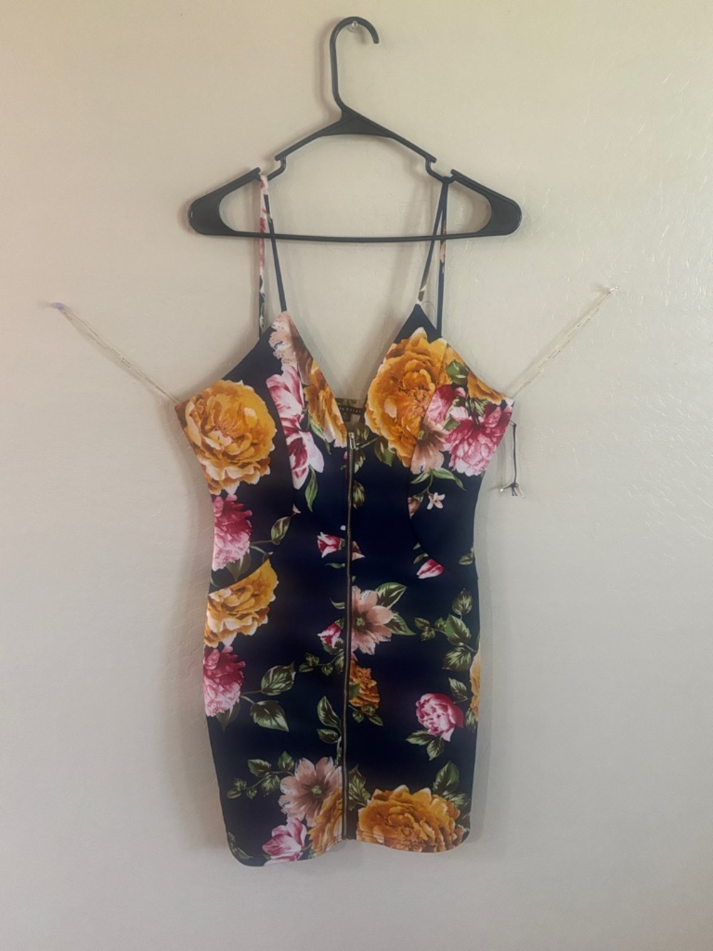 Haute Monde Navy Floral Zip-Front Mini Dress with Yellow & Pink Blooms